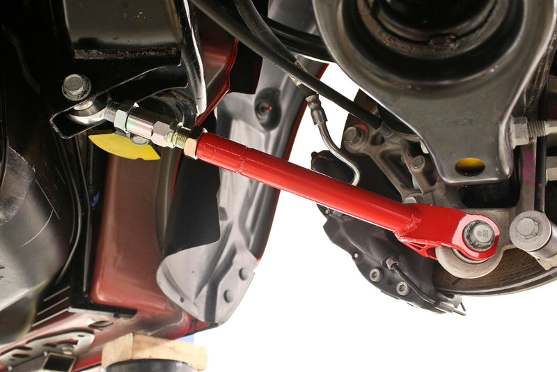 BMR 08-18 Dodge Challenger Lower Trailing Arms w On-Car Adj. Rod Ends Black hammertone